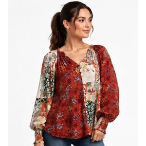 New GIGIO M 8 10 Byzantine Garden Mixed Print V Neck Flowy Hi-Low Hem Tunic Top